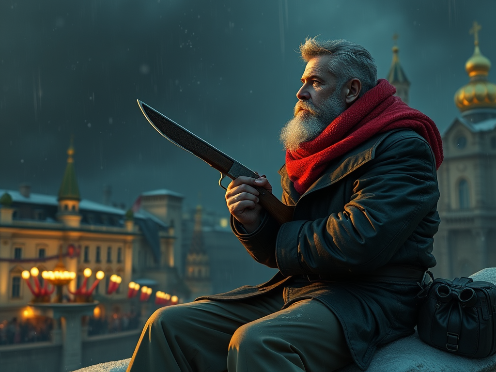 Старший человек с бородой держит нож, сидя на камне на фоне городского пейзажа в дождливую погоду.