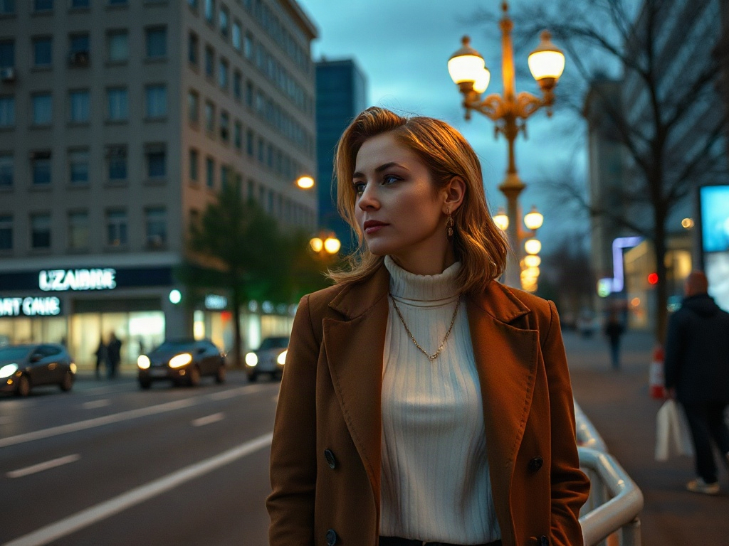 Молодая женщина в коричневом пальто стоит на улице, вечернее освещение, городская атмосфера.