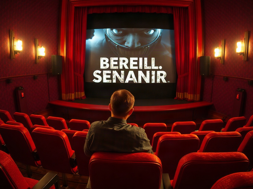 В кинотеатре человек смотрит на экран с названием фильма "BEREILL. SENANIR".