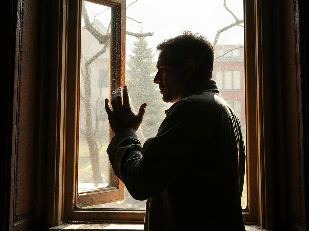 Мужчина стоит у окна, глядя на улицу, с ладонью, прижатой к стеклу. Свет заполняет комнату.